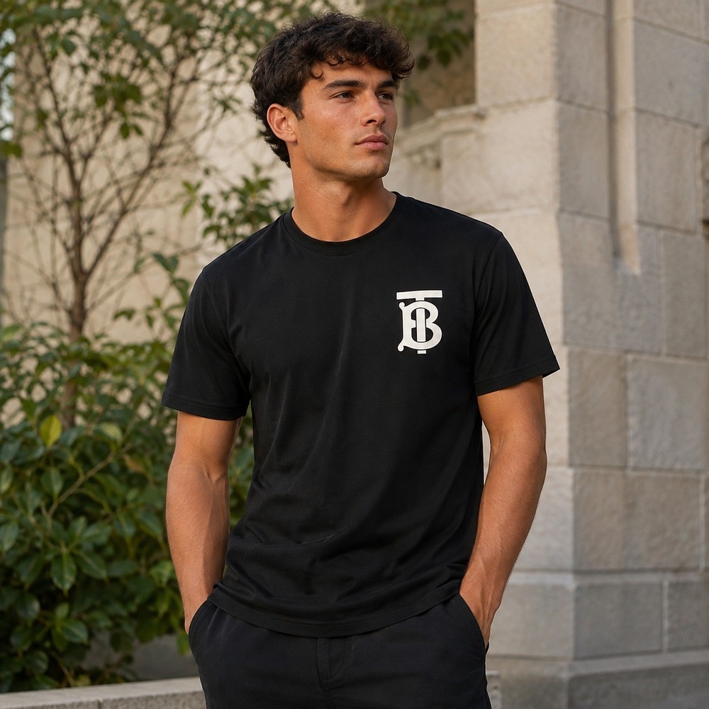 Burberry T-Shirt Mens Large Black Excellent Embroidered TB Monogram Tee